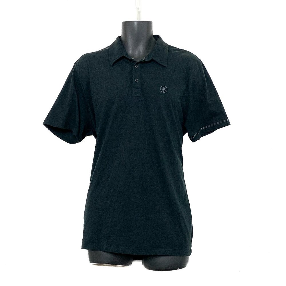 Volcom Mens Short Sleeve Black Polo Shirt w 2 Gray Logos Front Size XL